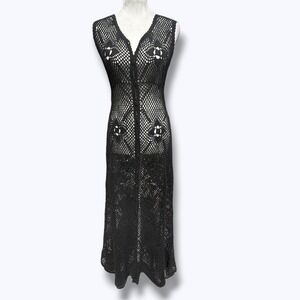 Vintage Black Crochet Maxi Dress Contempo Casuals Boho Festival Beach M  Hippie